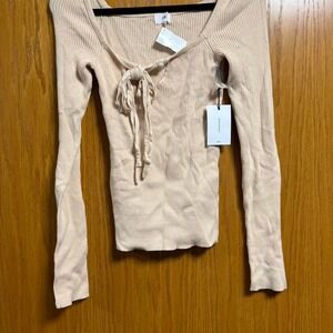 LPA Ribbed Knit Tie Front Square Neck Long Sleeve Top Beige‎ Cream NWT Size M